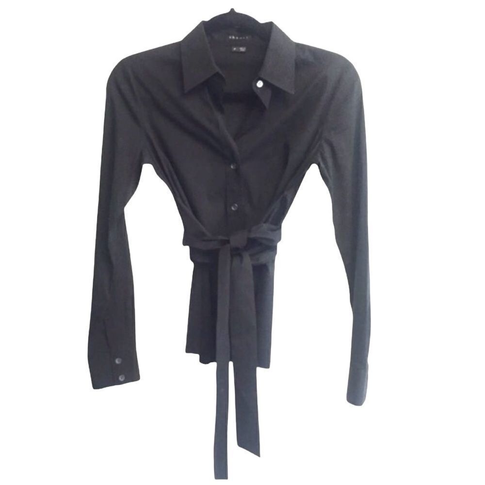 THEORY Felicity Button Front Long Sleeve Tie Waist Blouse Shirt Black XS